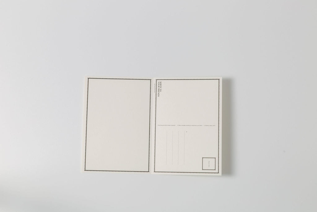 Open W2YF card showing the perforated reply postcard built into the back panel